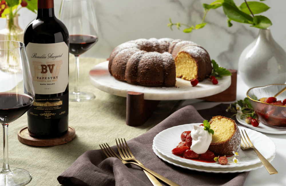 Olive Oil Cake with Roasted Strawberries and BV Tapestry Reserve Red Wine