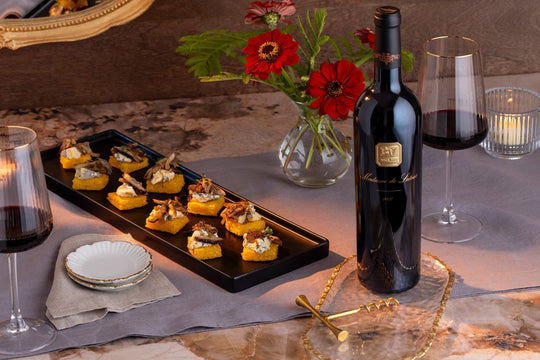 Polenta Squares with Mushrooms and Soft Blue Cheese with Madame de Latour Red Blend