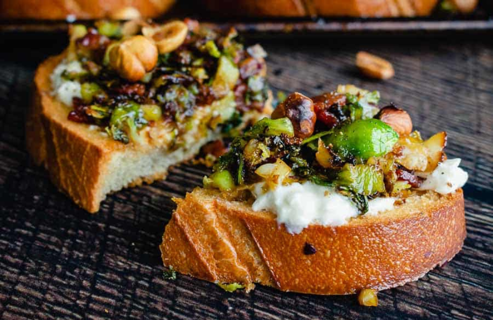 Caramelized Brussels Sprout Toast with Burrata & Bacon