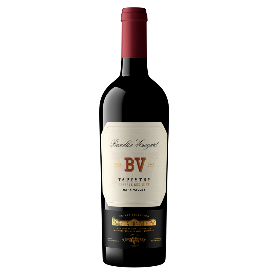 A bottle of Beaulieu Vineyard Tapestry Red Wine, featuring a dark glass bottle with a deep red foil capsule and a cream-colored label with gold and red details, set against a plain white background.