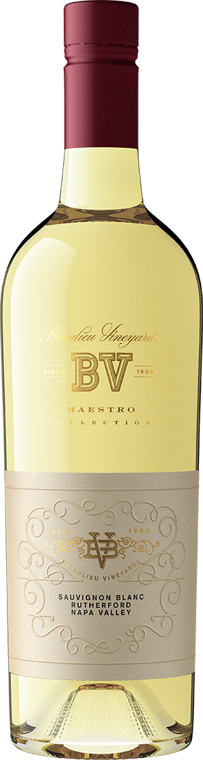 A bottle Maestro Rutherford Sauvignon Blanc wine with a white label and red foil on a plain background.