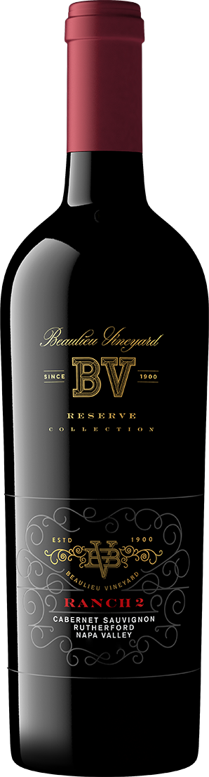 A bottle of Reserve Ranch 2 Rutherford Cabernet Sauvignon wine with a dark label and gold accents.
