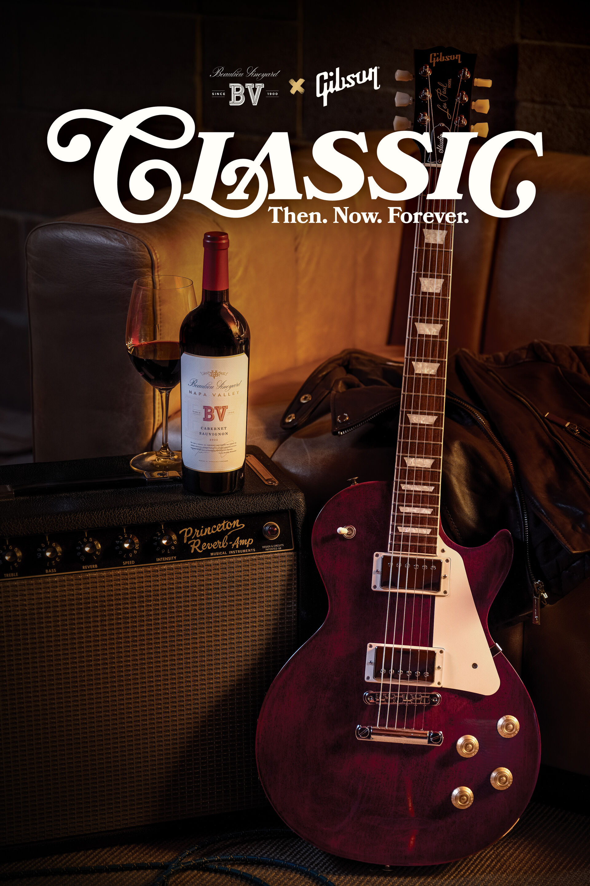 Image of a bottle of BV wine and Gibson BV guitar. Headline: BV x Gibson. Classic. Then. Now. Forever.