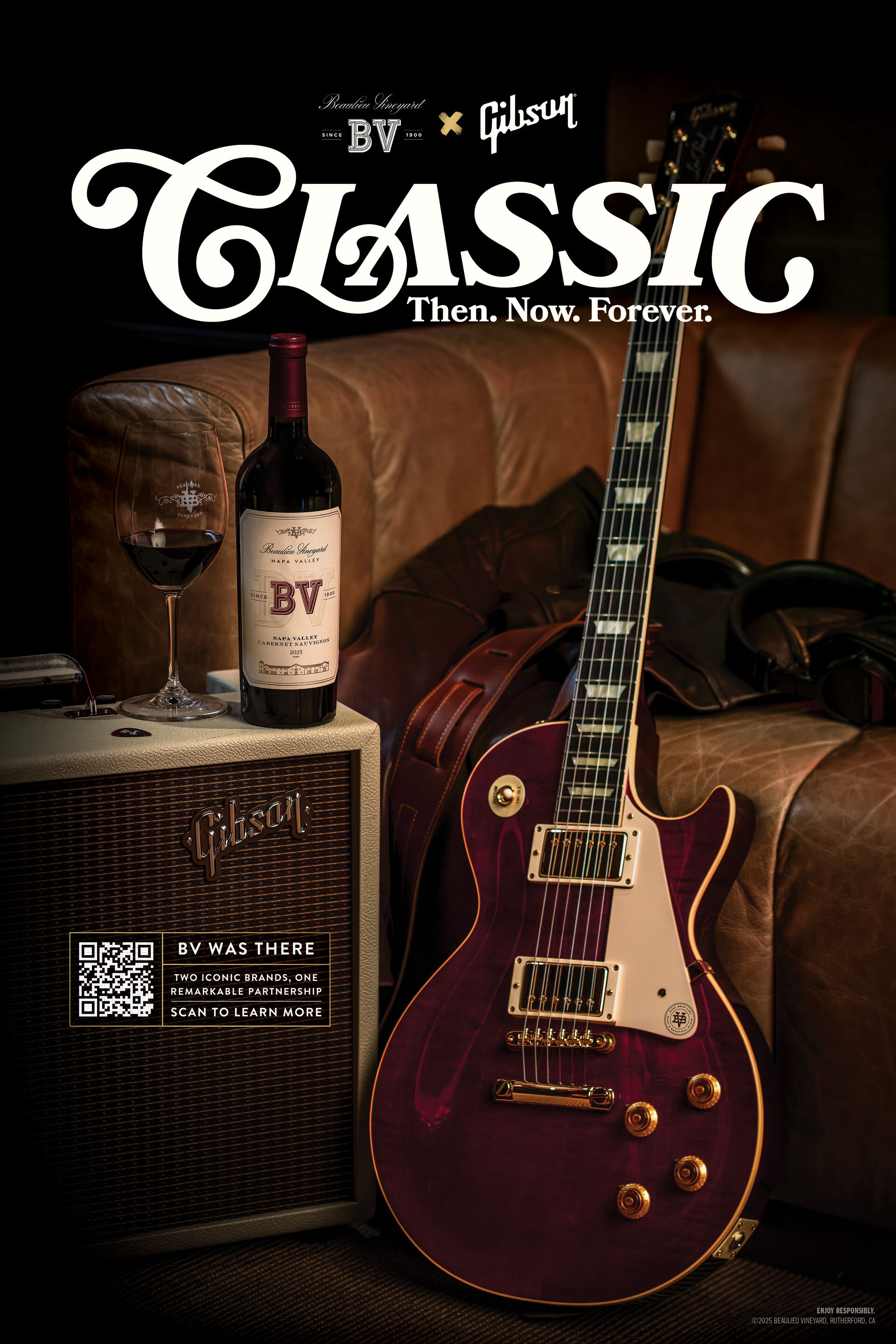 Image of a bottle of BV wine and Gibson BV guitar. Headline: BV x Gibson. Classic. Then. Now. Forever.