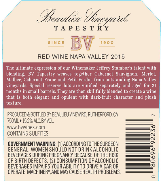 2015 Beaulieu Vineyard Tapestry Red Blend Back Label