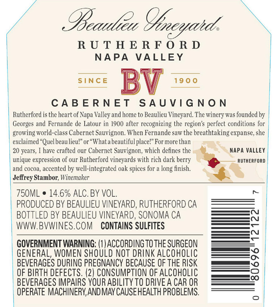 2016 Beaulieu Vineyard Rutherford Cabernet Sauvignon Back Label