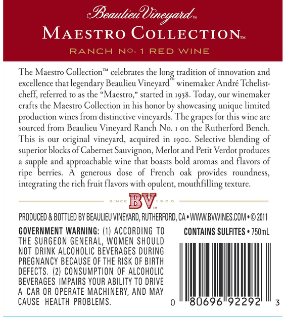 Beaulieu Vineyard 2014 Maestro Red Wine Back Label