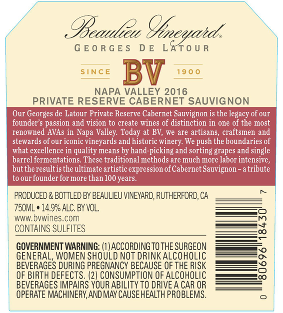 2016 Beaulieu Vineyard Georges de Latour Private Reserve Napa Valley Cabernet Sauvignon Back Label