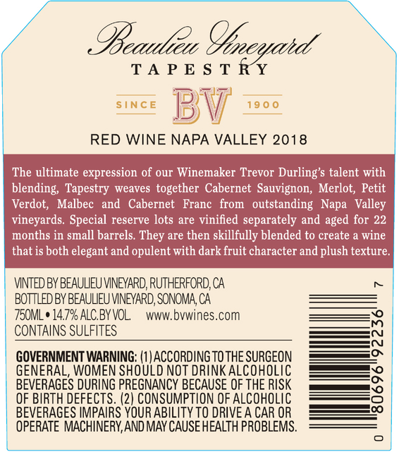 2018 Beaulieu Vineyard Tapestry Reserve Red Wine Napa Valley