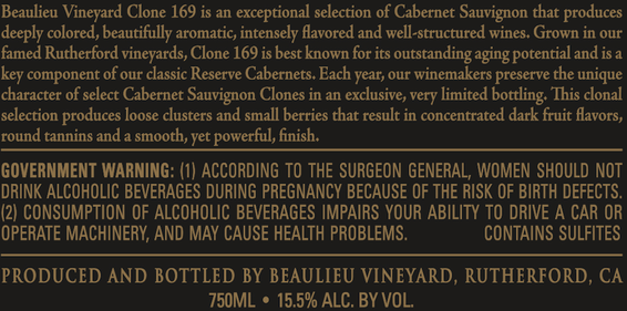 2016 Beaulieu Vineyard Clone 169 Cabernet Sauvignon Back Label