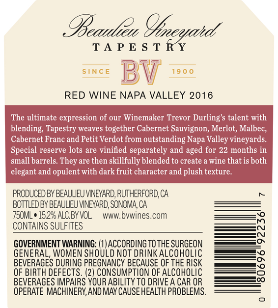 2016 Beaulieu Vineyard Reserve Tapestry Napa Valley Red Blend Back Label