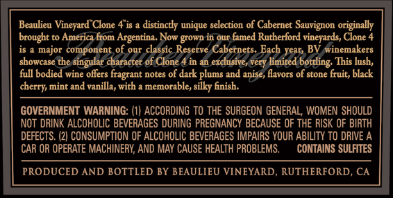 2013 Beaulieu Vineyard Clone 4 Rutherford Cabernet Sauvignon Back Label