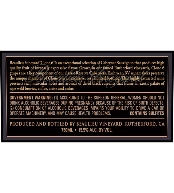 2014 Beaulieu Vineyard Reserve Clone 6 Rutherford Cabernet Sauvignon Back Label