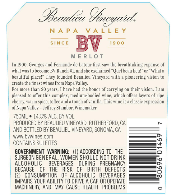 2016 Beaulieu Vineyard Napa Valley Merlot Back Label