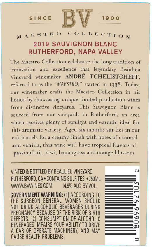 2019 Beaulieu Vineyard Maestro Rutherford Sauvignon Blanc Back Label