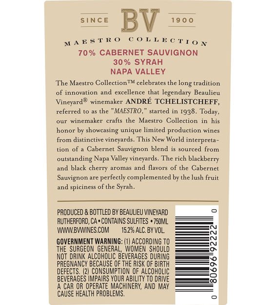 2015 Beaulieu Vineyard Maestro Reserve Napa Valley Cab/Syrah Blend Back Label